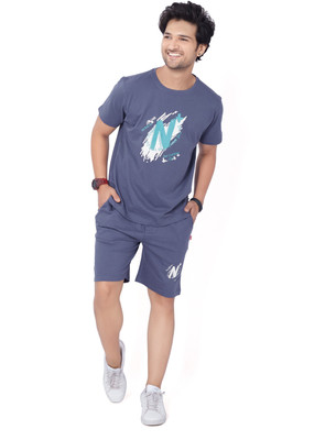 WEET Men Printed Purple Top & Shorts Set