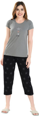 NIGHTVIEW Women Printed Grey, Black Top & Capri Set