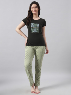 Sweettouch Women Printed Light Green, Black Top & Pyjama Set