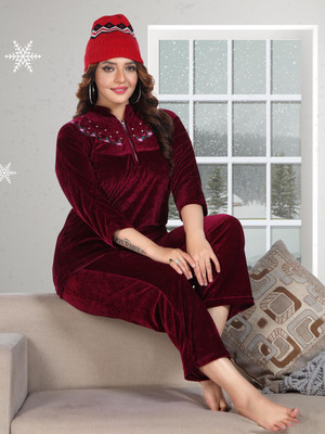 HouseOfCommon Women Embroidered Maroon Top & Pyjama Set
