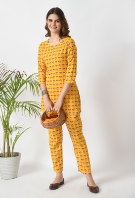 DHANOTA Women Printed Yellow Top & Pyjama Set