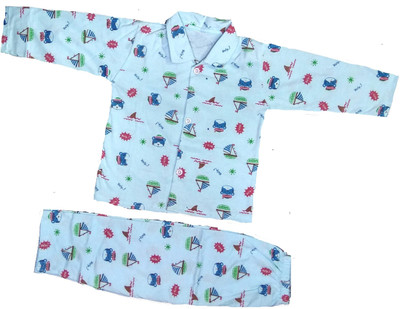 Baby Blossom Baby Boys & Baby Girls Printed Light Blue Top & Pyjama Set