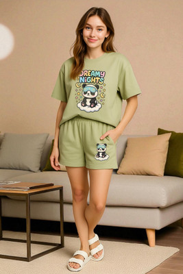 Elvia Women Printed Light Green Top & Shorts Set