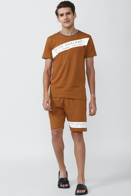 PETER ENGLAND Men Graphic Print Brown Top & Shorts Set