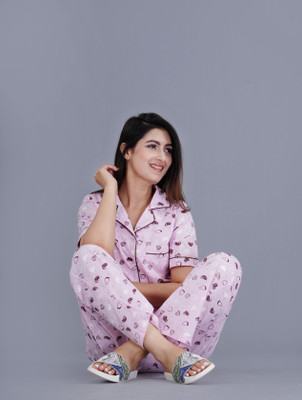 PRADHRUHE Women Printed Pink Shirt & Pyjama set