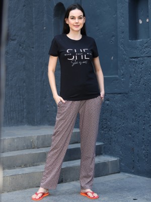 MAYSIXTY Women Printed Black Top & Pyjama Set