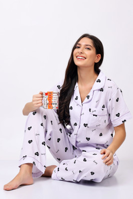 Lugo Women Printed Purple Night Suit Set