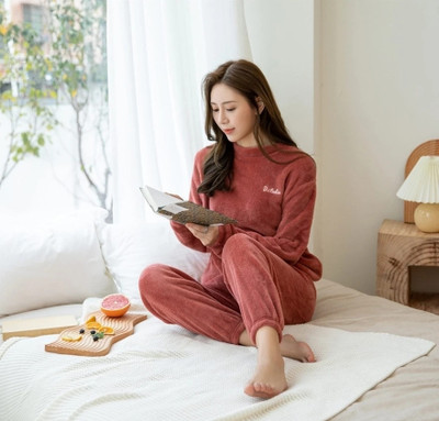 FitIn OutFit Women Solid Red Night Suit Set