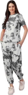 ELLITI Women Self Design Grey, White Top & Pyjama Set