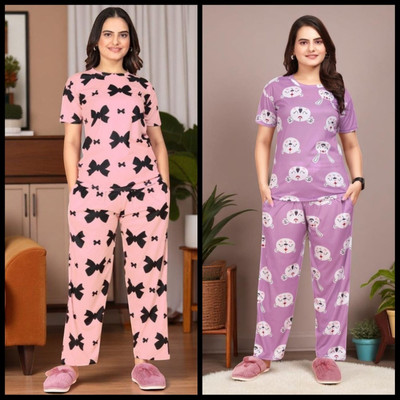 FASHION GREAB Women Printed Pink Top & Pyjama Set