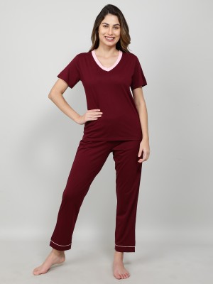 Mackly Women Solid Maroon Top & Pyjama Set