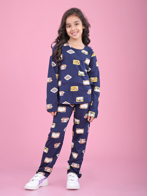 Bloem Kids Nightwear Girls Self Design Cotton(Dark Blue Pack of 1)
