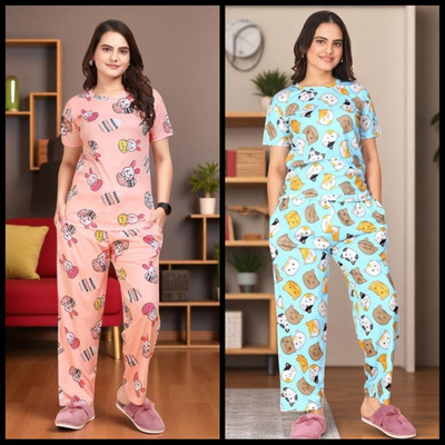 FASHION GREAB Women Printed Pink Top & Pyjama Set