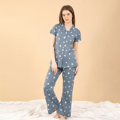 NaughTiee Women Abstract Grey Shirt & Pyjama set
