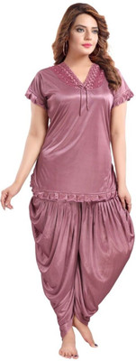 MEGHNIGHT Women Solid Purple Top & Pyjama Set