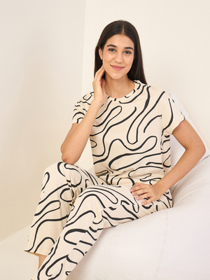 SWEET DREAMS Women Printed Beige Top & Pyjama Set