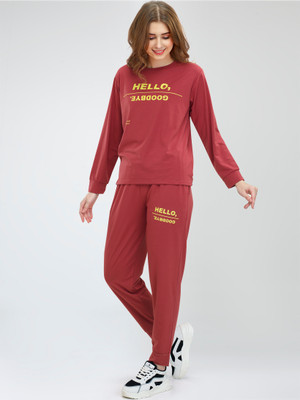 ZEYO Women Printed Red Top & Pyjama Set