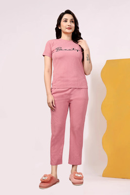 PTELRA Women Printed Pink Night Suit Set