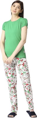 zebu Women Printed, Solid Light Green Top & Pyjama Set