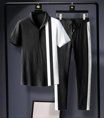 DEVU FASHION Men Striped Black Night Suit Set