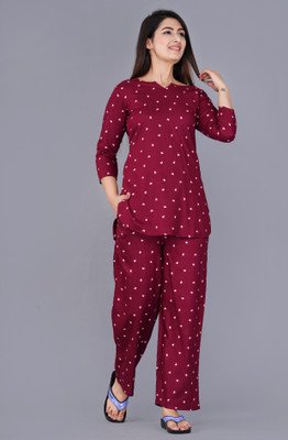 PRADHRUHE Women Printed Maroon Top & Pyjama Set