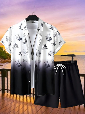Varni Creation Men Printed White, Black Top & Shorts Set