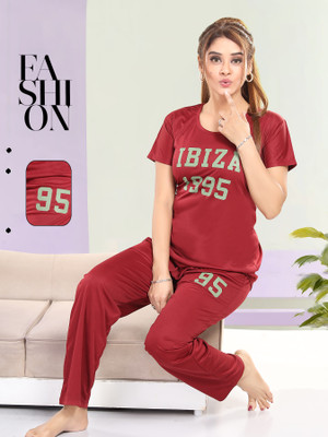 Trade Zone Women Printed Maroon Night Suit Set
