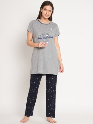 Looper Women Printed Grey Top & Pyjama Set
