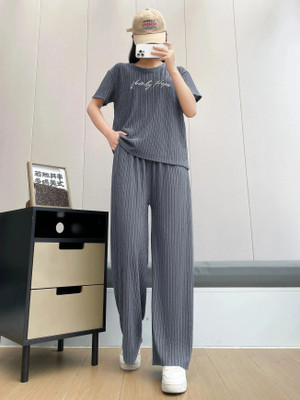 Lugo Women Striped Grey Night Suit Set