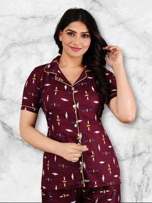 08GENCYCOLLECTION Women Printed Maroon Top & Pyjama Set