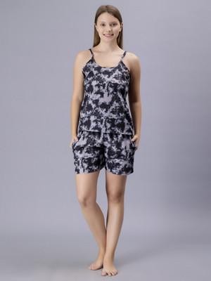 TASN Women Printed Black Night Suit Set