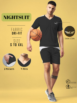 Chrome & Coral Men Colorblock Black Night Suit Set