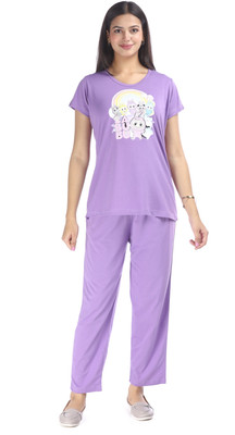 E-MAX Women Printed Purple Top & Pyjama Set