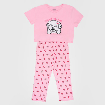 Pantaloons Junior Girls Printed Pink Night Suit Set