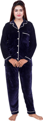 NACNO Women Solid Blue Shirt & Pyjama set