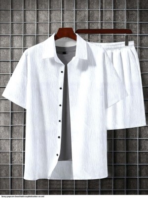 COMBRAIDED Men Self Design White Night Suit Set