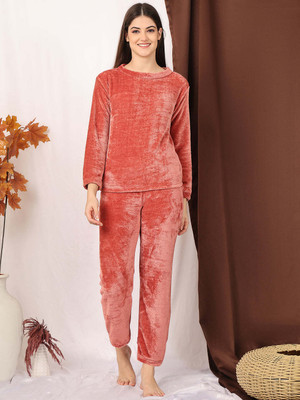 ETC Women Solid Maroon Night Suit Set