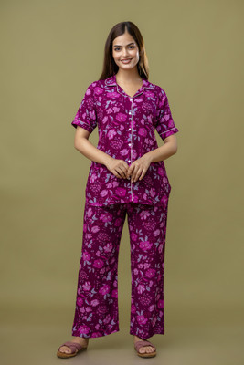 PINGALA Women Printed Purple Shirt & Pyjama set