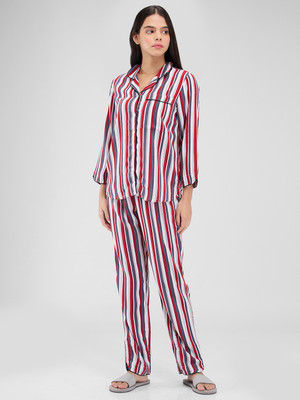 Mystere Paris Women Striped Red Top & Pyjama Set