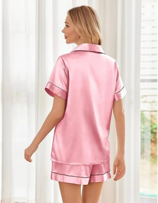 Vd hub Women Solid Pink Night Suit Set