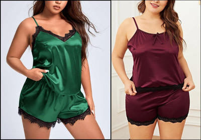 PHALIN Women Solid Maroon, Green Top & Shorts Set