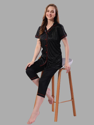 Glam World Women Solid Black Shirt & Pyjama set