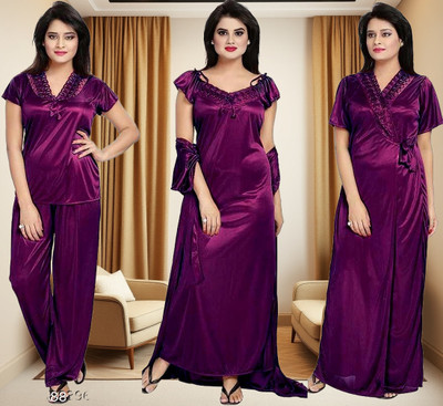 Bombshell Women Solid Purple Night Suit Set
