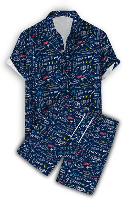 HouseOfCommon Men Printed Blue, White Night Suit Set