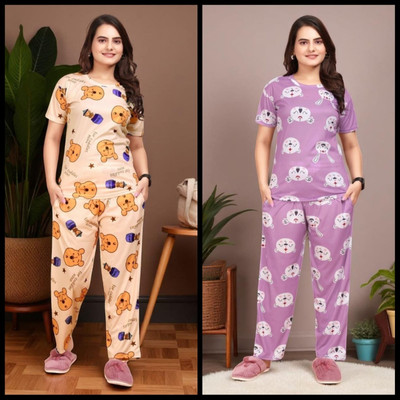 FASHION GREAB Women Printed Beige Top & Pyjama Set