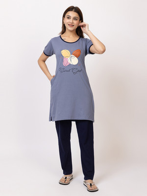 DDOUDDOU Women Graphic Print Grey Top & Pyjama Set
