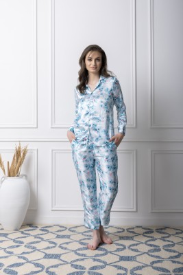 rizado Women Floral Print Blue Night Suit Set