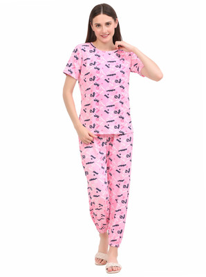 MS ONLINEMART Women Printed Pink Night Suit Set