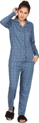 Mazegirl Women Geometric Print Light Blue Shirt & Pyjama set