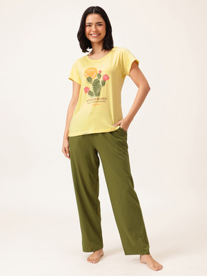 Clovia Women Graphic Print Yellow Top & Pyjama Set